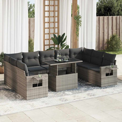 10-tlg. Garten-Sofagarnitur mit Kissen Grau Poly Rattan