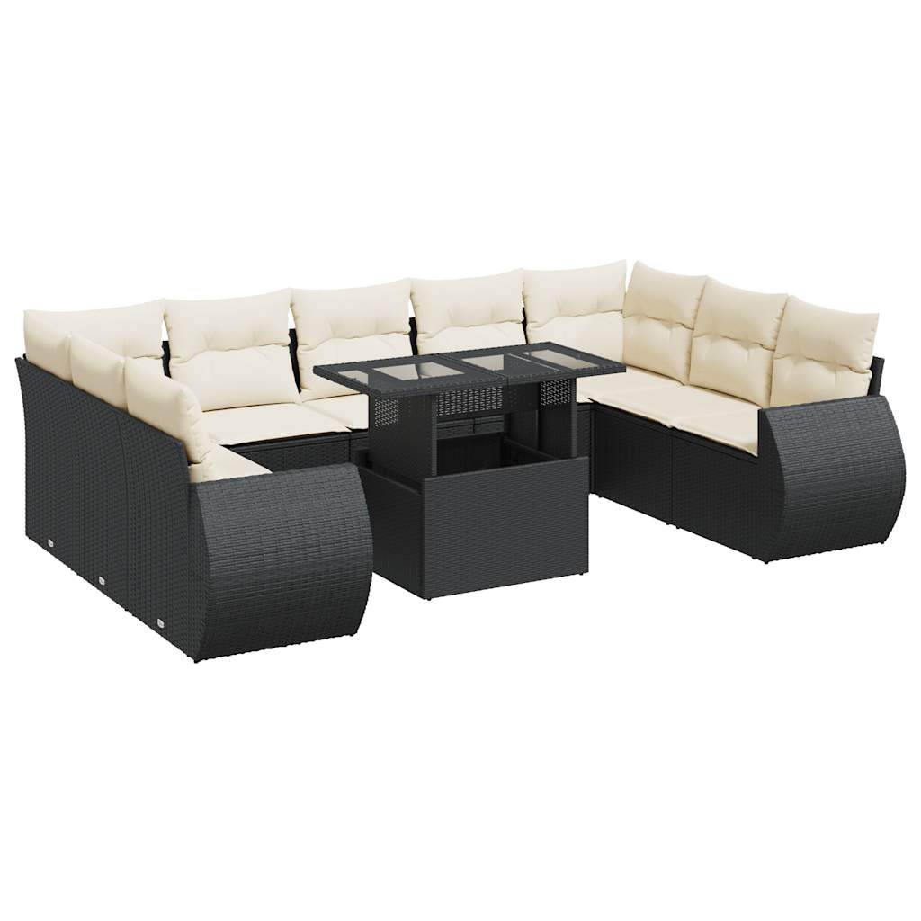 10-tlg. Garten-Sofagarnitur mit Kissen Schwarz Poly Rattan