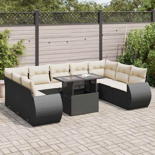 10-tlg. Garten-Sofagarnitur mit Kissen Schwarz Poly Rattan