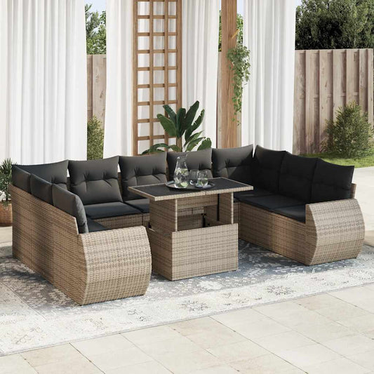 10-tlg. Garten-Sofagarnitur mit Kissen Grau Poly Rattan