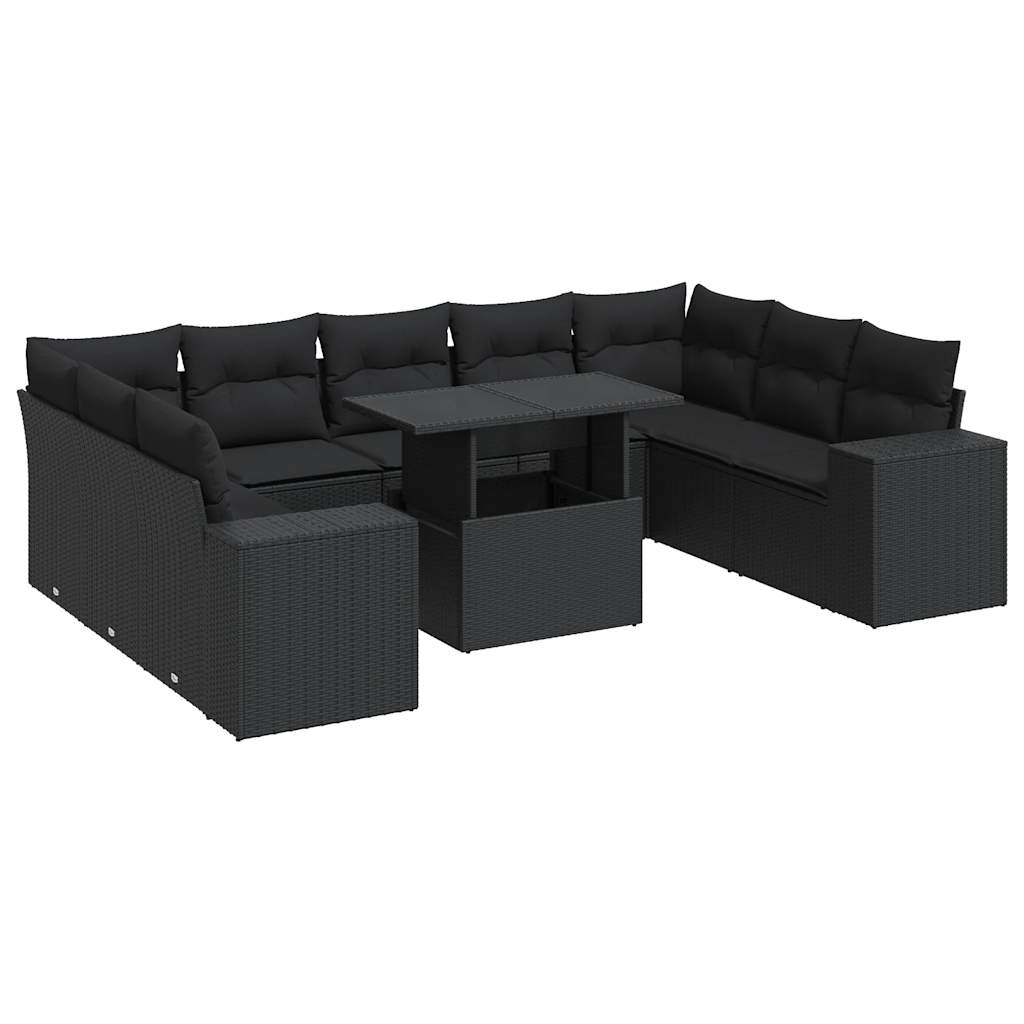 10-tlg. Garten-Sofagarnitur mit Kissen Schwarz Poly Rattan