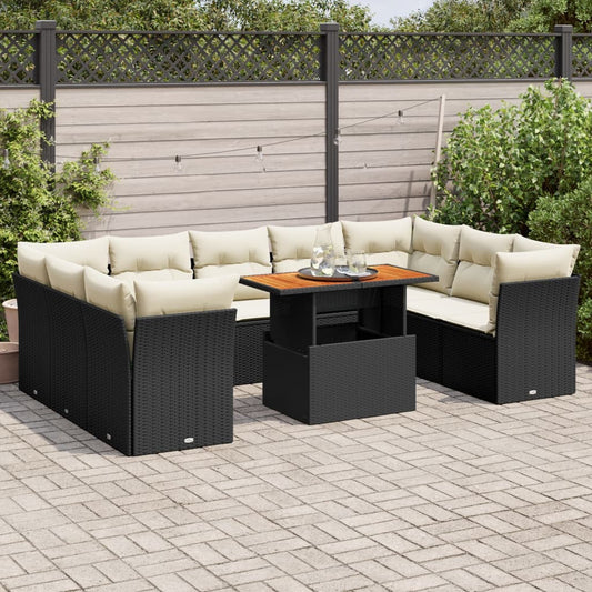 10-tlg. Garten-Sofagarnitur mit Kissen Schwarz Poly Rattan