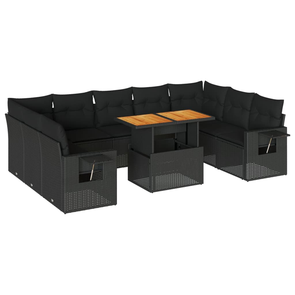 10-tlg. Garten-Sofagarnitur mit Kissen Schwarz Poly Rattan