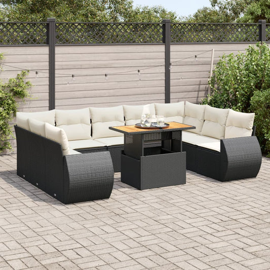 10-tlg. Garten-Sofagarnitur mit Kissen Schwarz Poly Rattan