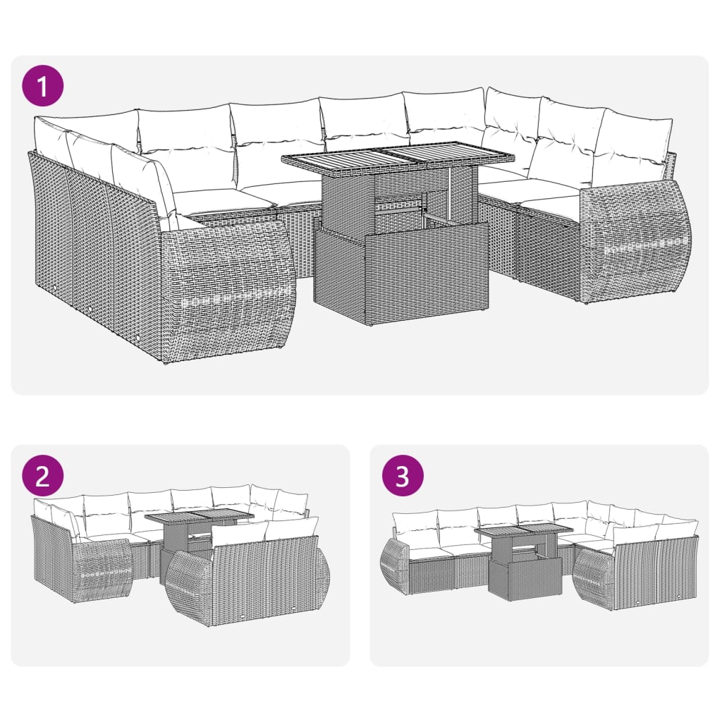 10-tlg. Garten-Sofagarnitur mit Kissen Grau Poly Rattan