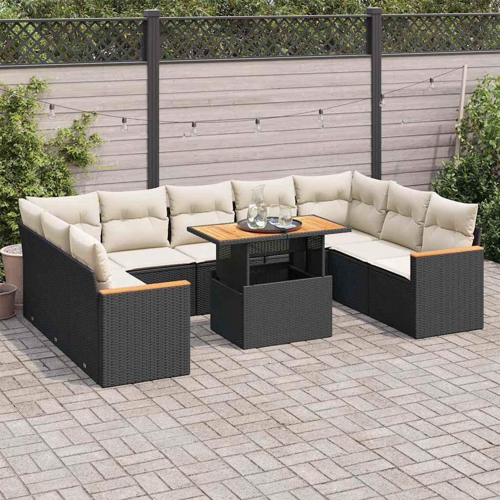 10-tlg. Garten-Sofagarnitur mit Kissen Schwarz Poly Rattan