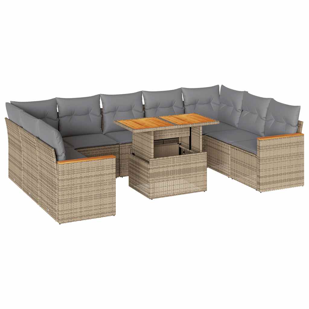 10-tlg. Garten-Sofagarnitur mit Kissen Beige Poly Rattan Akazie