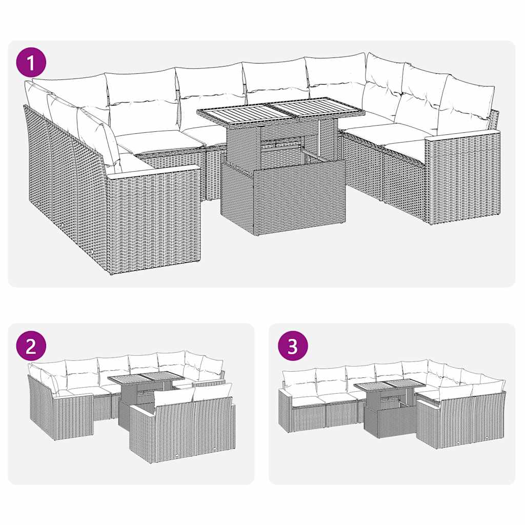 10-tlg. Garten-Sofagarnitur mit Kissen Grau Poly Rattan Akazie