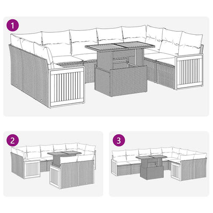 10-tlg. Garten-Sofagarnitur mit Kissen Grau Poly Rattan Akazie